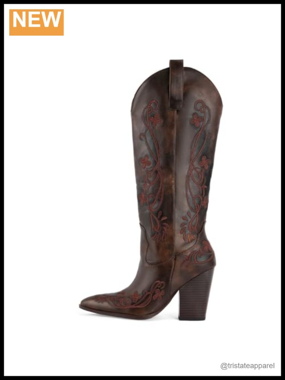 Women's Knee High Cowboy Boots Floral Embroidery Snip Toe Chunky Heel